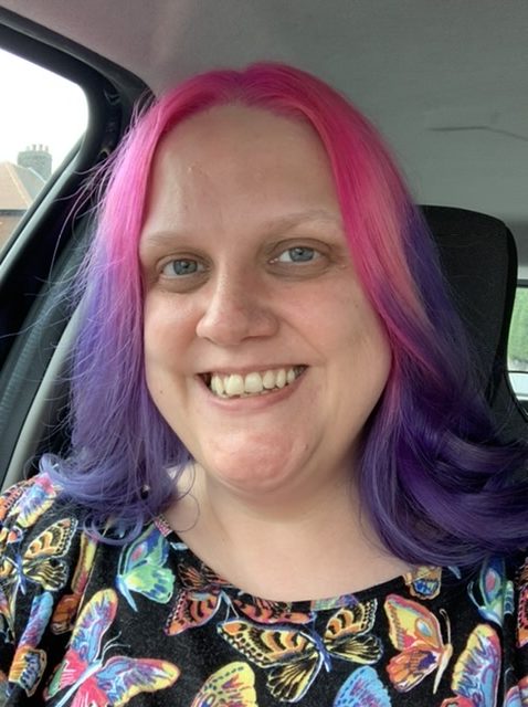 Woman (me) with pink and purple hair - part of life in my forties