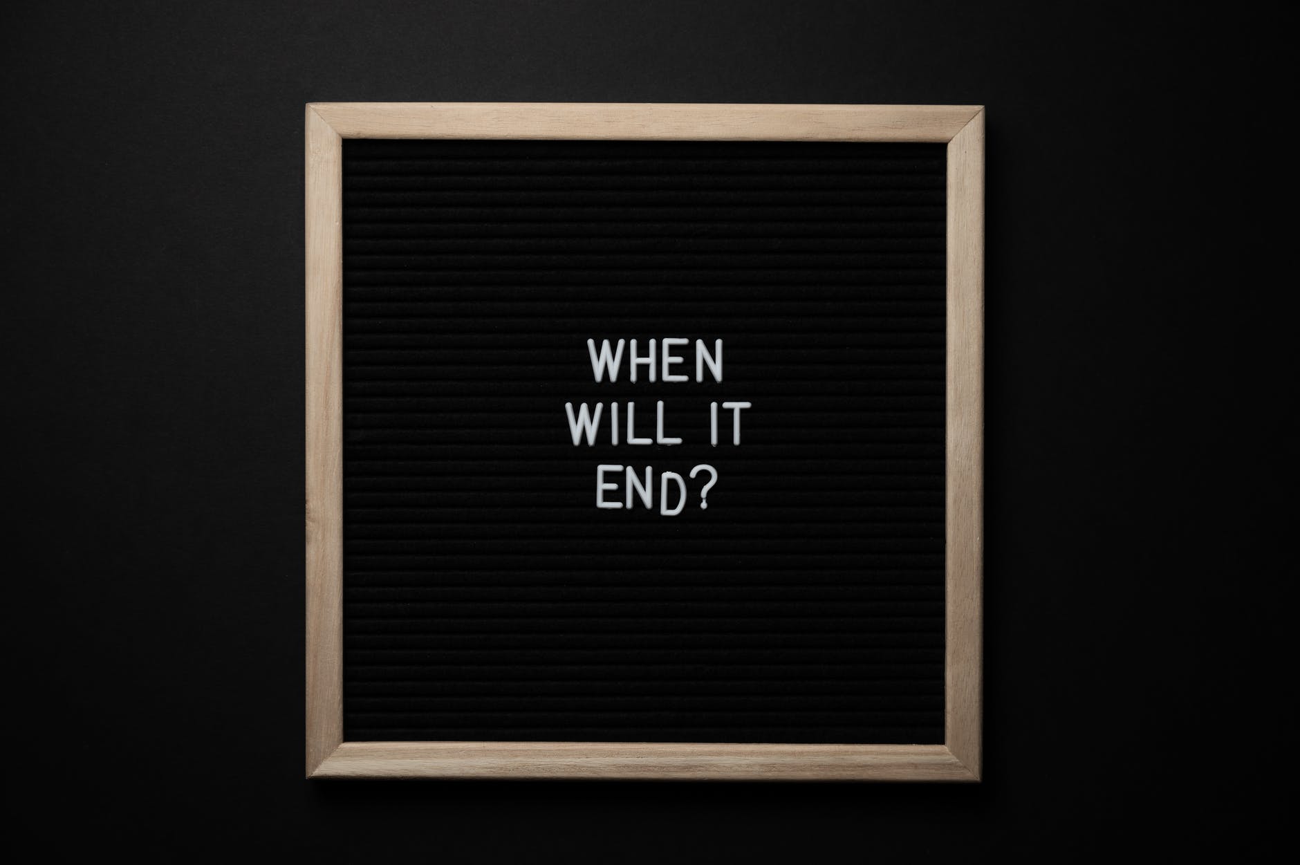 chalkboard with when will it end inscription on black background