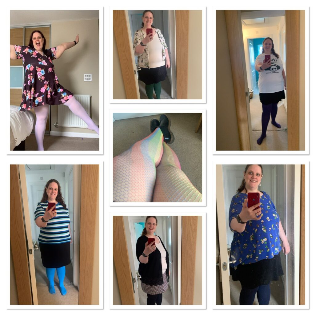 The author in different colours of tights colours help when loving yourself as a fat person
