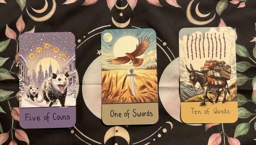 A spread for prioritising self care using the five of coins, the one of swords and the ten of wands from the Kashima tarot