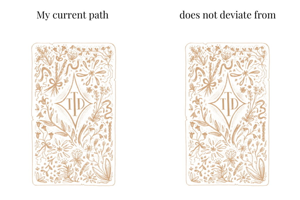 Being authentic two card spread with cards laid side by side labelled My current path and does not deviate from