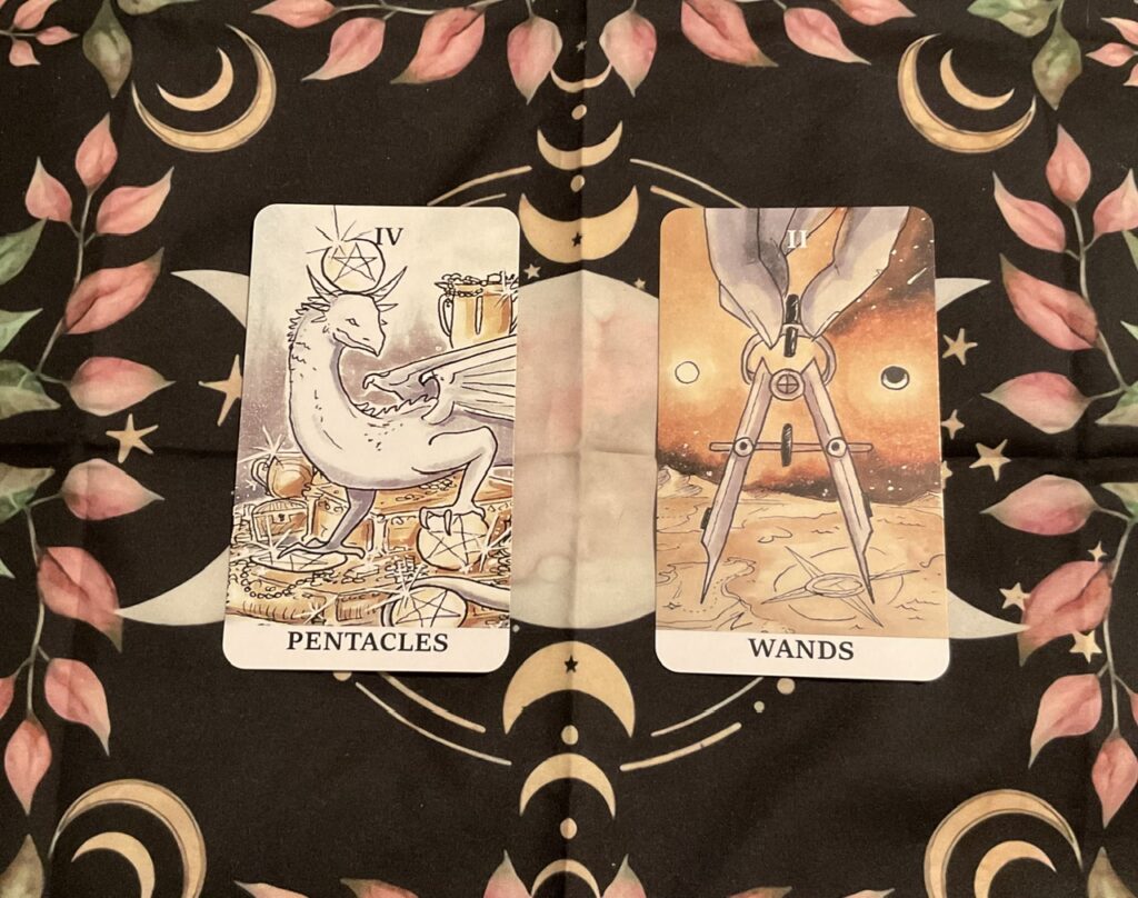 My dealing with obstacles spread - the four of pentacles and the two of wands